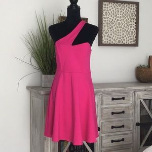 Pink asymmetric top dress with cross shoulder strap